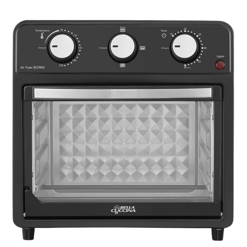 Air Fryer Oven Bella Cuccina BCFR05 de 12 litros preta, com painel analógico mostrando os seletores de temperatura e timer.