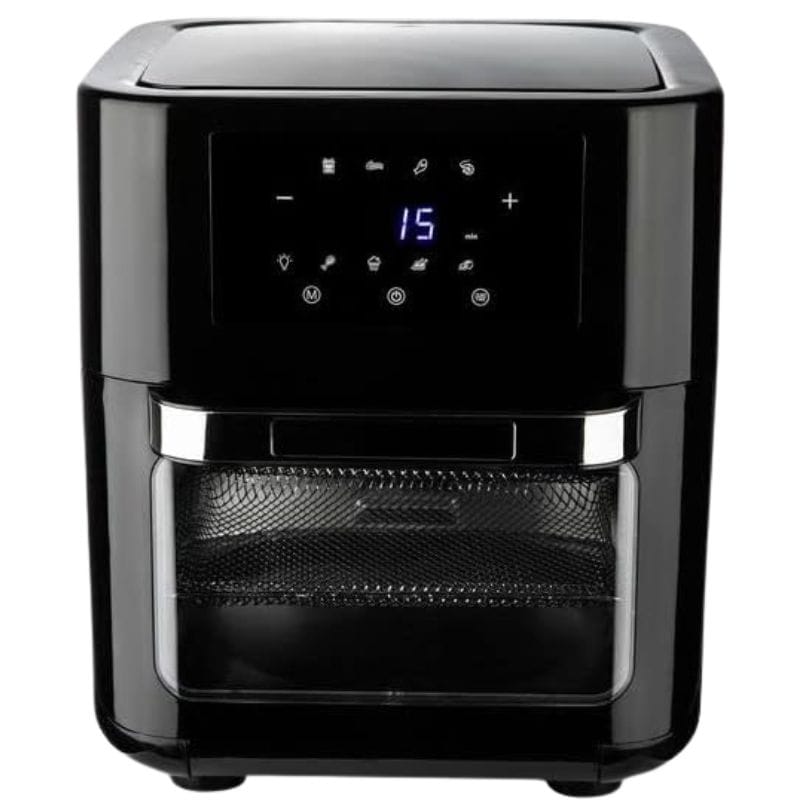 Air Fryer Oven Hamilton Beach Aswe-002 de 12 litros, com seu design moderno e painel digital iluminado em azul mostrando o timer