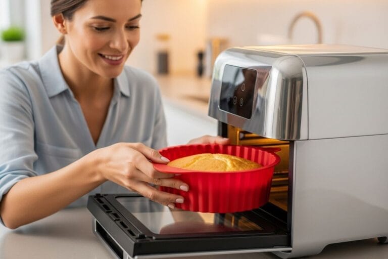 Mulher sorrindo ao retirar um acessório, como uma forma de bolo de silicone, de dentro de uma air fryer oven brilhante.