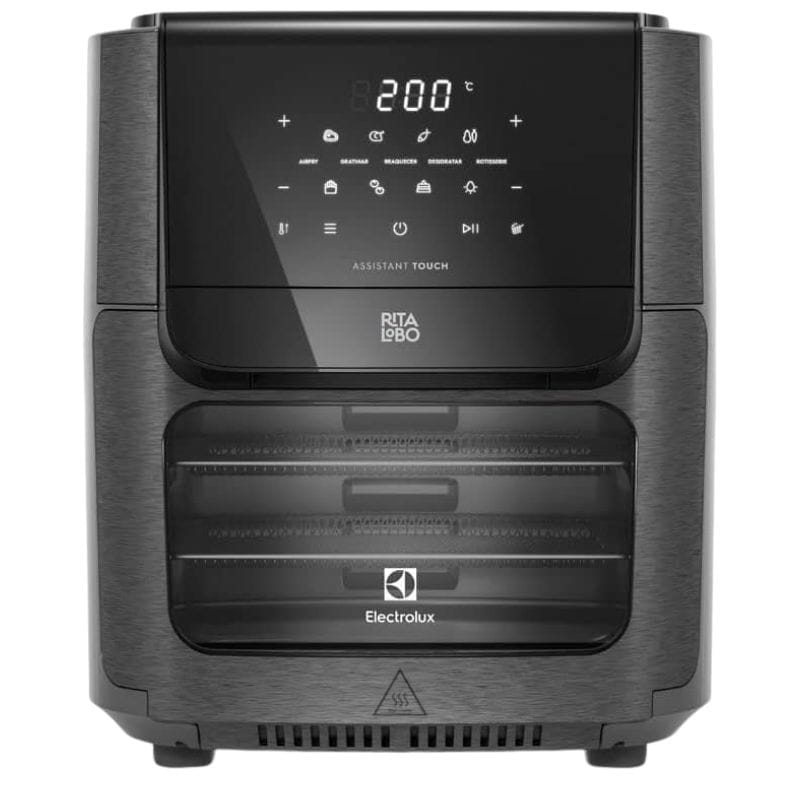 A elegante Air Fryer Oven Electrolux EAF90 assinada por Rita Lobo, com design premium em aço inox escovado.