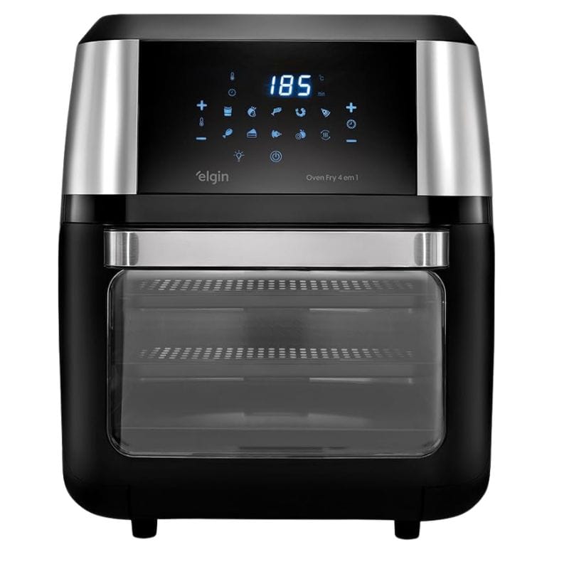 A confiável Air Fryer Oven Elgin AFO1001 de 12 litros com seu timer de 120 minutos e kit de acessórios.