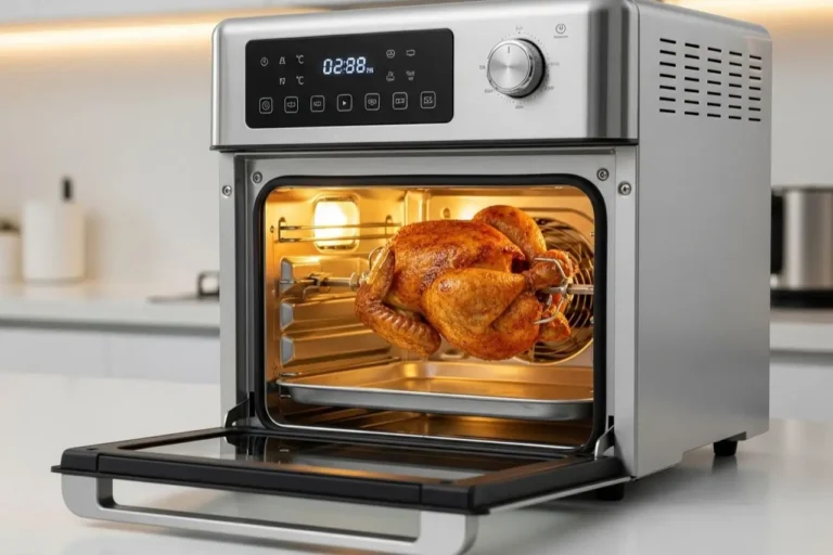 Um frango inteiro dourado e suculento girando lentamente no espeto dentro de uma air fryer oven com a luz interna acesa.