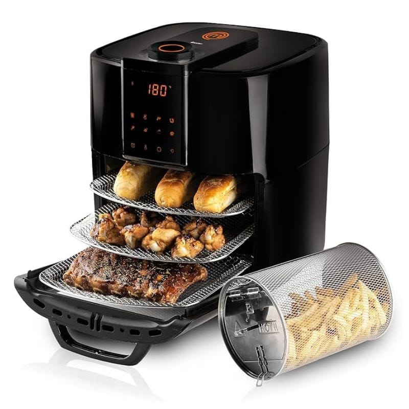 O design diferenciado da Air Fryer Oven Mallory Easy Cook de 12 litros com função de espeto giratório.