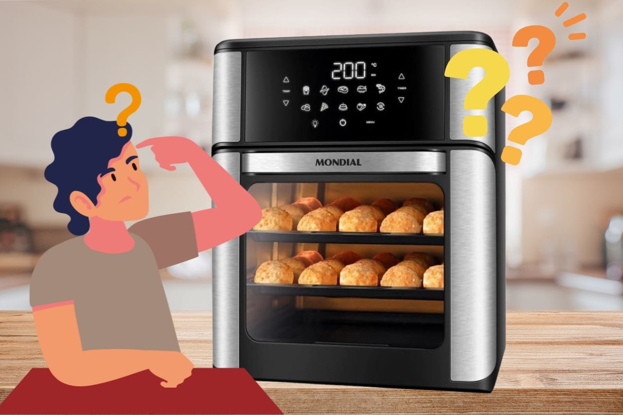 Close-up de uma air fryer oven da Mondial, mostrando o painel e a porta com visor de vidro