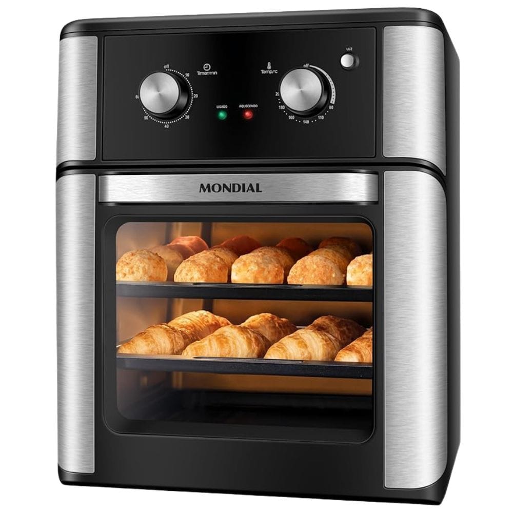 Foto da Air Fryer Forno Oven Mondial Analógica de 12 litros, modelo AFON-12L-AB, na cor preta com inox, mostrando croissants assando em suas duas grelhas.