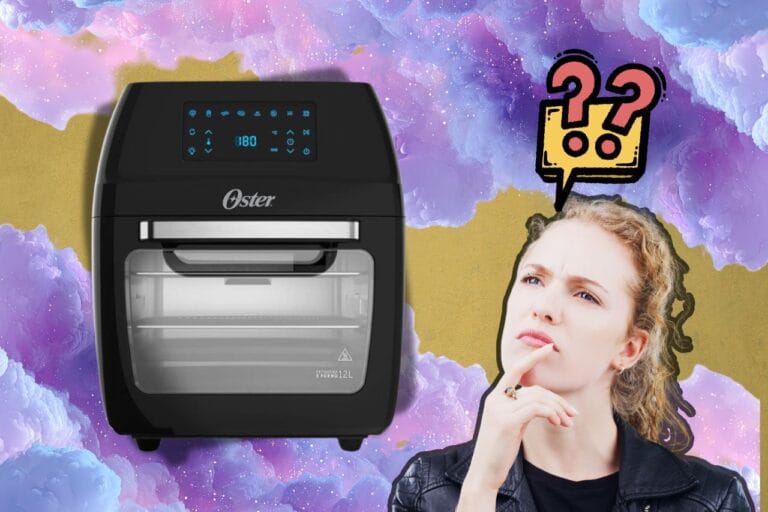 ALT Text: Uma moderna air fryer oven da marca Oster em uma bancada de cozinha, com o logo da Oster em destaque.