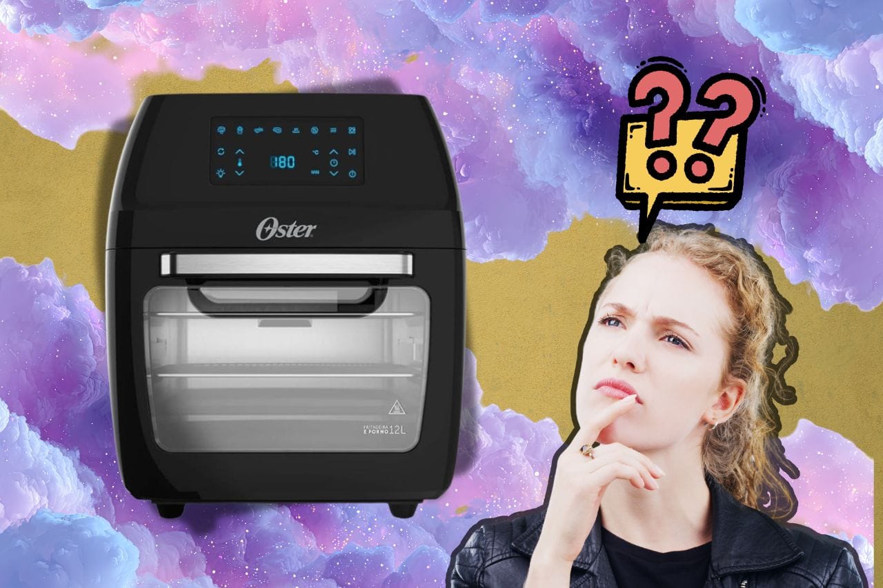 ALT Text: Uma moderna air fryer oven da marca Oster em uma bancada de cozinha, com o logo da Oster em destaque.