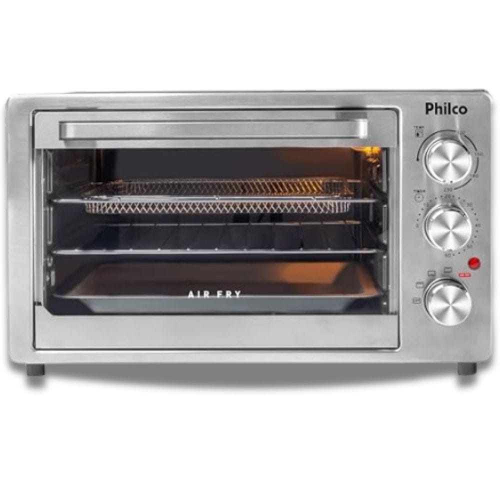 Foto do Forno Elétrico Air Fry Philco de 40 litros, modelo PFE40I, em inox, mostrando seu interior espaçoso com cesto para fritura sem óleo e bandeja.