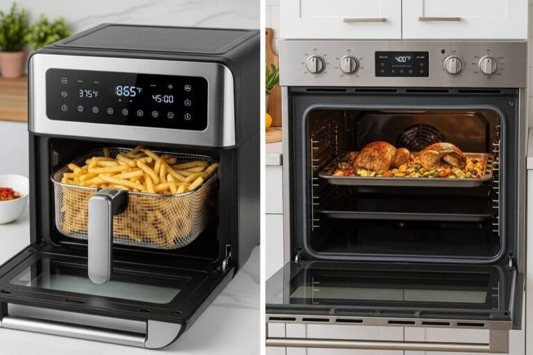 Imagem dividida mostrando uma fritadeira air fryer tradicional de um lado e um forno air fryer oven do outro, com um ponto de interrogação no meio.