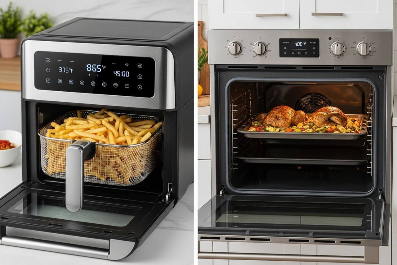 Imagem dividida mostrando uma fritadeira air fryer tradicional de um lado e um forno air fryer oven do outro, com um ponto de interrogação no meio.