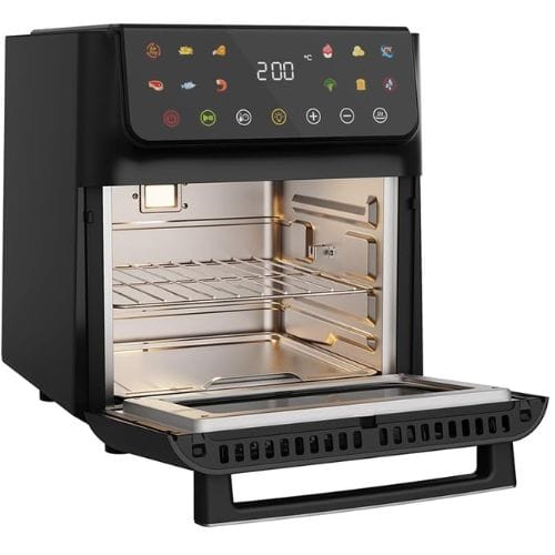 Air Fryer Oven Oster preta de 12 litros , modelo OFRT790, com a tampa aberta