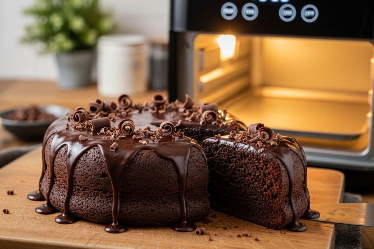 Um bolo de chocolate pequeno sendo retirado de dentro de uma air fryer oven com uma espátula.