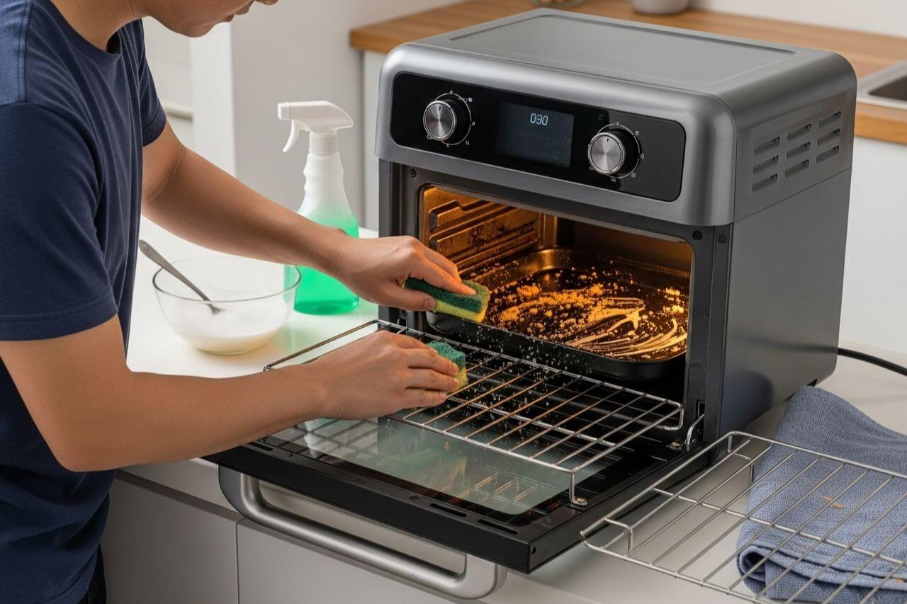 Uma pessoa usando luvas de limpeza e uma esponja macia para limpar o interior de uma air fryer oven.