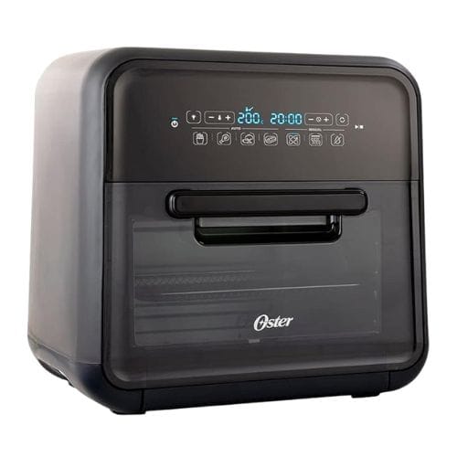 Vista frontal da Air Fryer Oven Oster com acabamento cinza translúcido e design moderno, modelo OFRT660