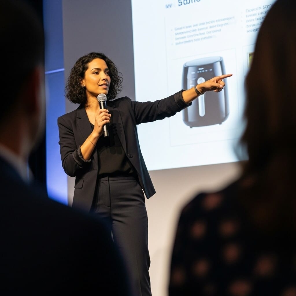 Isabela Dantas palestrando em um congresso sobre eletrodomésticos