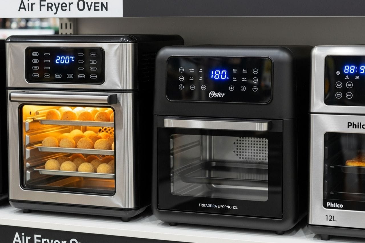 Análise comparativa da melhor air fryer oven de 12 litros, mostrando modelos populares da Mondial, Philco e Oster em uma bancada de cozinha.