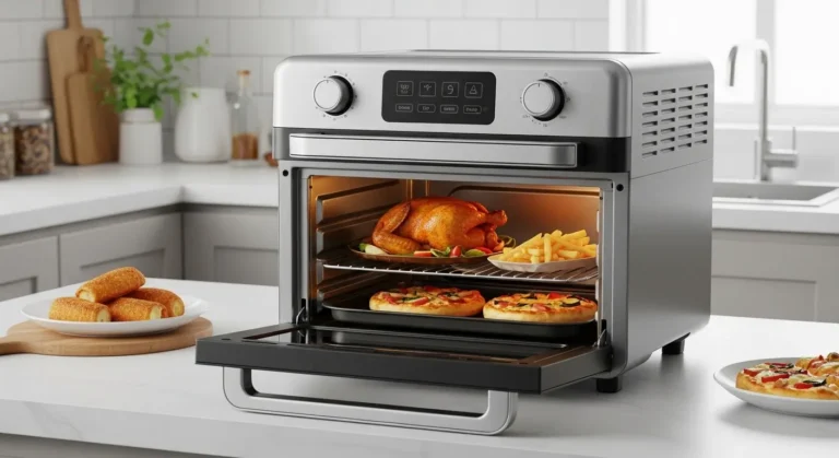 Air fryer oven moderna e multifuncional sobre uma bancada de cozinha, com a porta de vidro mostrando um frango assado dourado e outros alimentos dentro.