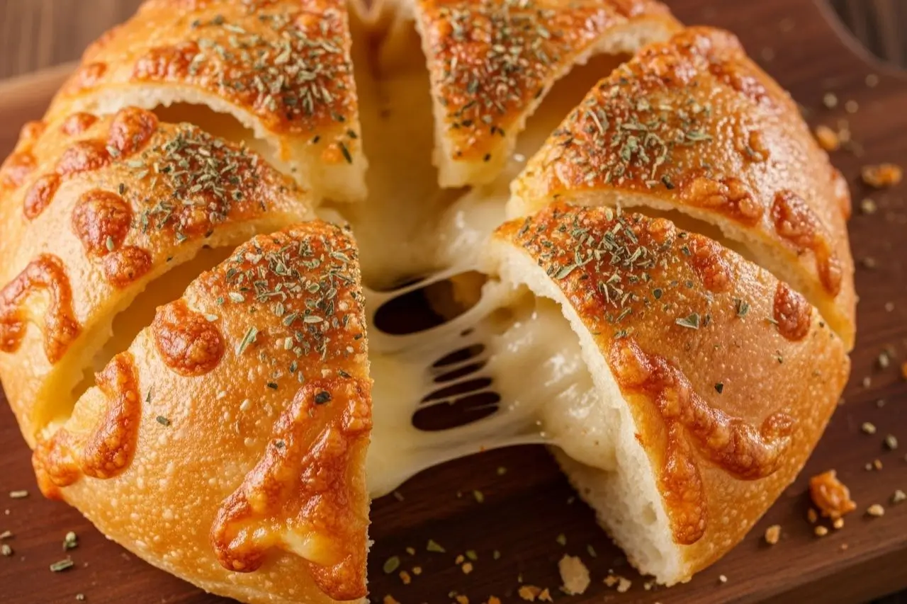 Um cesto de air fryer oven cheio de pães de queijo dourados e crocantes, com um queijo derretido visível em um deles.