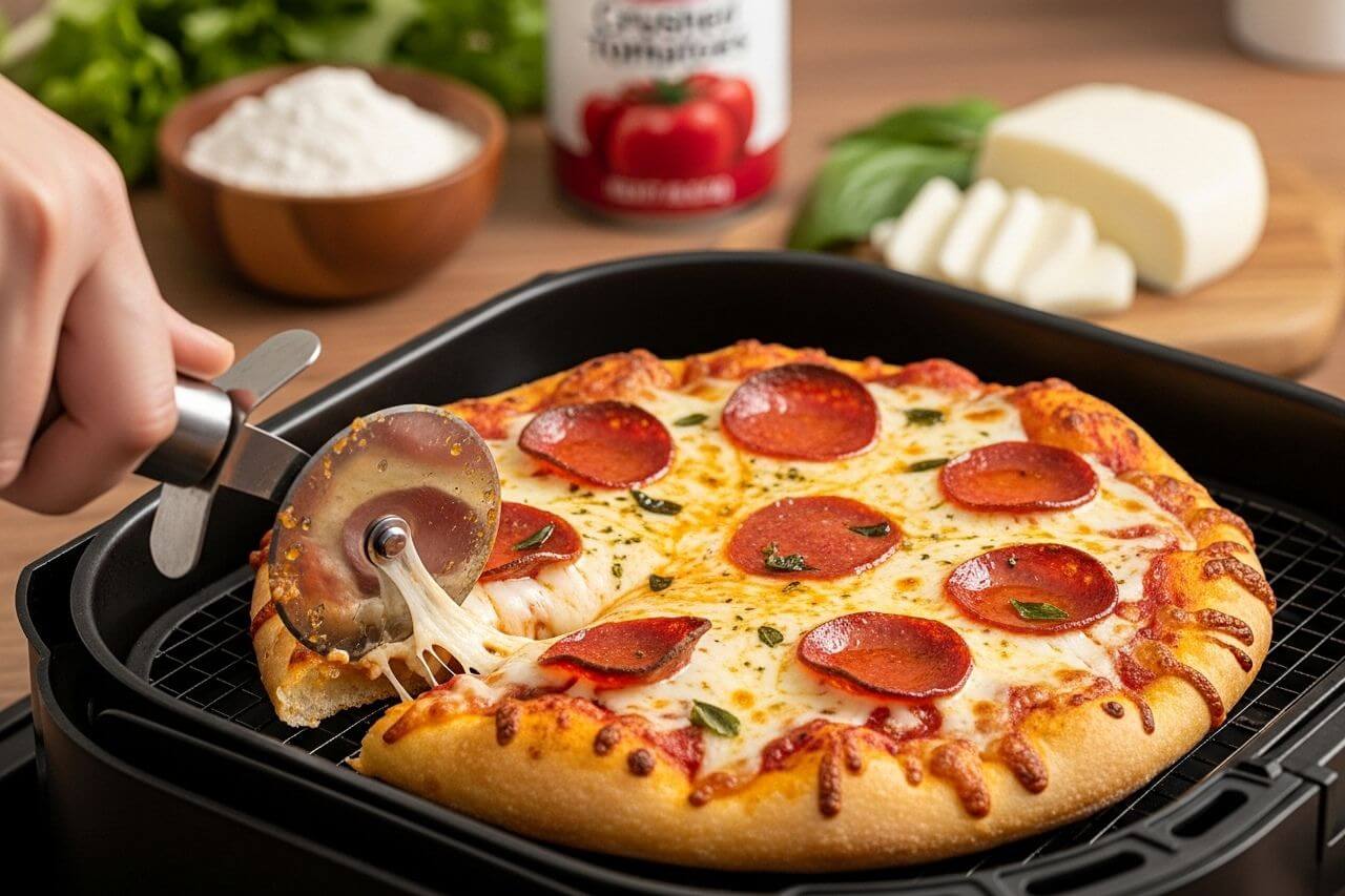 Uma mini pizza individual com queijo derretido e manjericão sendo retirada do cesto de uma air fryer oven