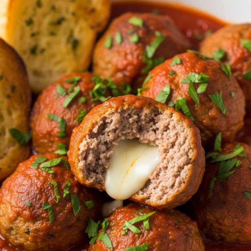 Almôndegas douradas, com uma cortada ao meio mostrando o recheio de queijo derretido, receita para air fryer.