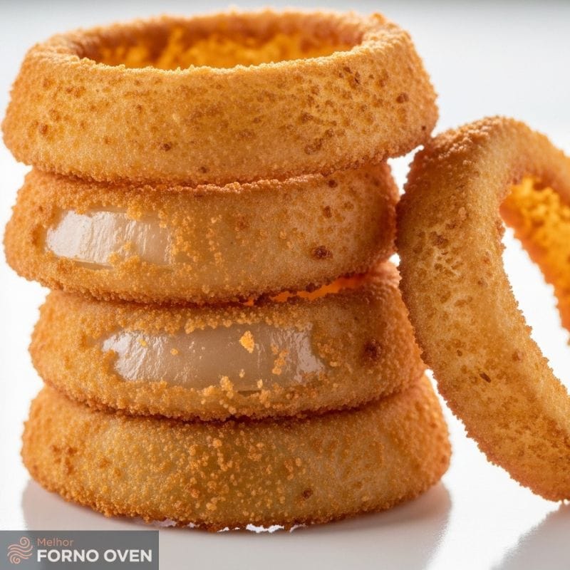 Pilha de anéis de cebola com uma crosta dourada e crocante, uma receita de anéis de cebola empanados na air fryer