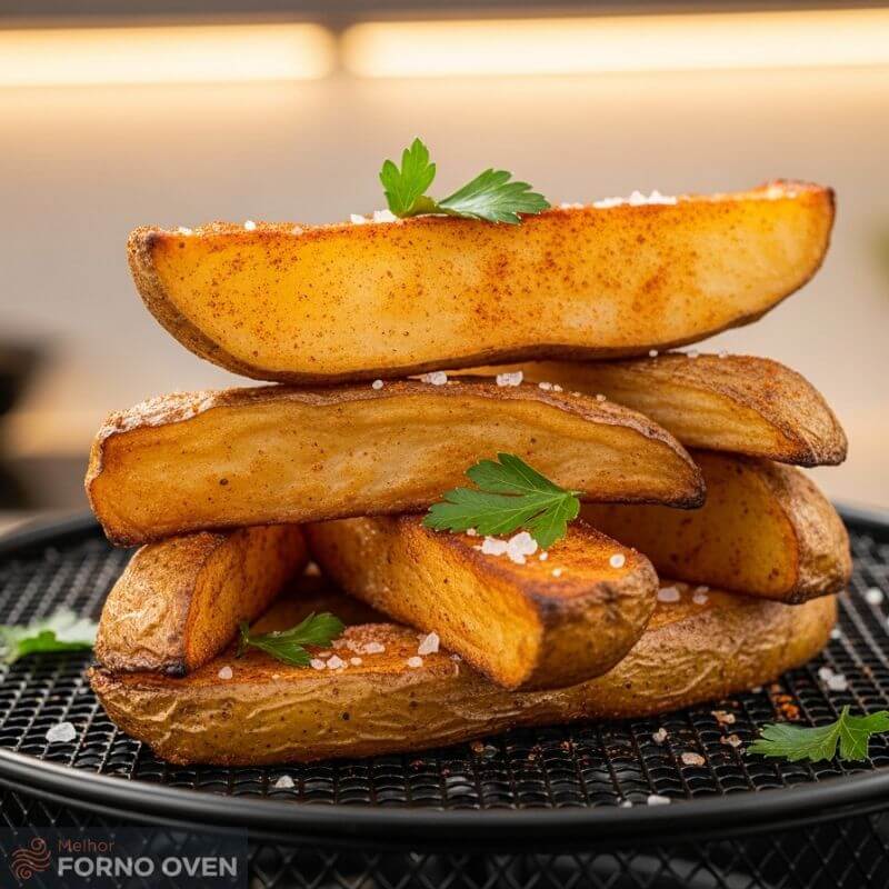 Close-up de batatas fritas rústicas e douradas em uma cesta, mostrando o resultado da receita de batata frita na air fryer.