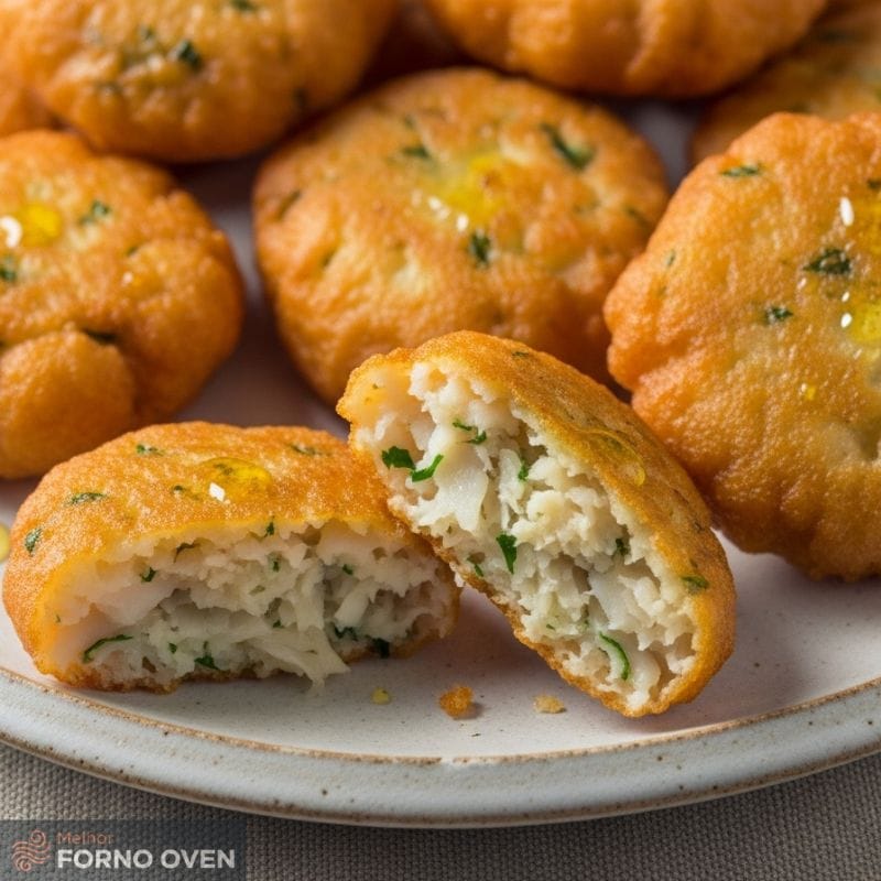 Bolinhos de bacalhau dourados em uma travessa, com um aberto mostrando o recheio, receita fácil de bolinho de bacalhau na air fryer.
