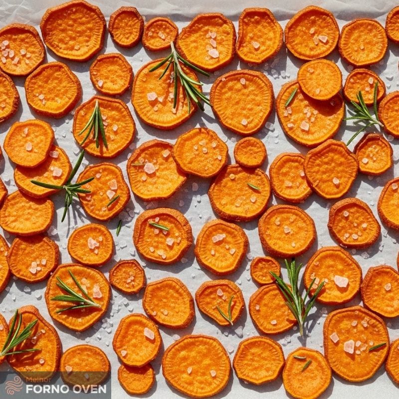 Chips finos e crocantes de batata doce espalhados com alecrim, receita de chips de batata doce na air fryer.
