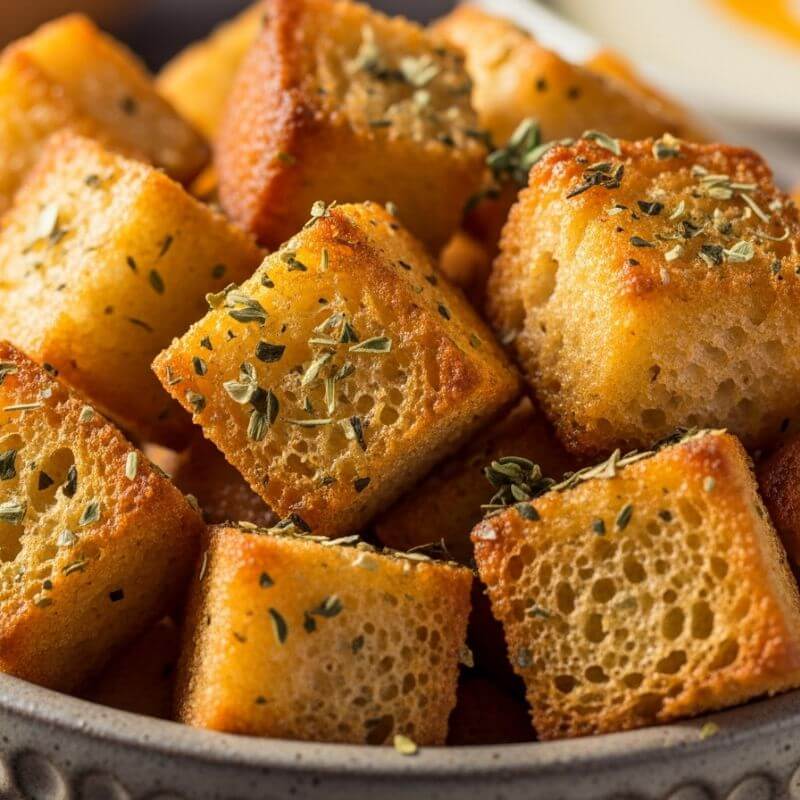 Croûtons dourados e crocantes em uma tigela, uma receita de croutons de alho e ervas para air fryer