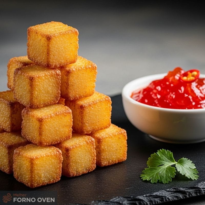Dadinhos de tapioca crocantes empilhados ao lado de uma tigela com geleia de pimenta, receita de dadinhos de tapioca na air fryer.