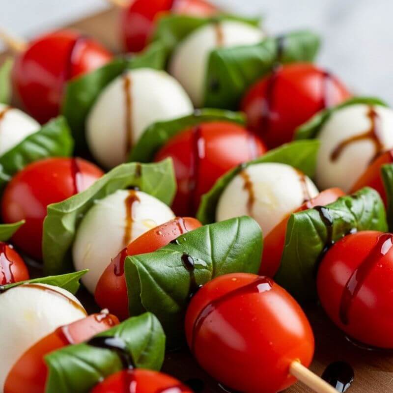 Espetinhos caprese com tomate cereja, muçarela de búfala e manjericão, uma entrada rápida na air fryer.