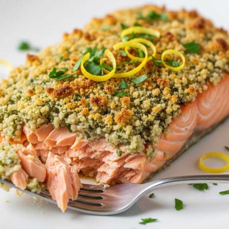 Filé de salmão com uma crosta de ervas dourada, mostrando o interior rosado e suculento, feito na air fryer.