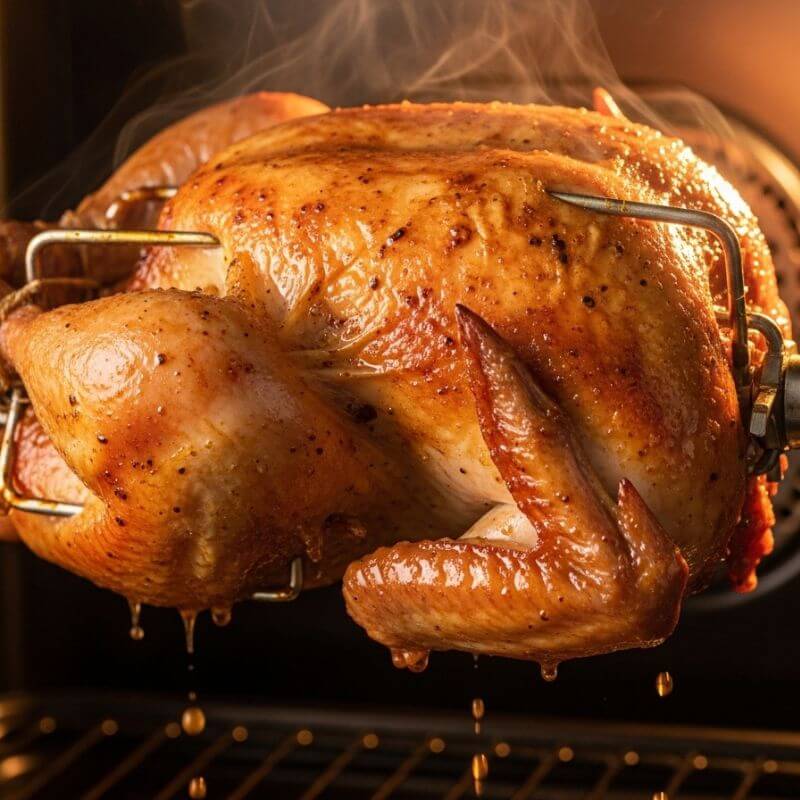Frango inteiro com pele crocante e dourada girando no espeto rotisserie de uma air fryer oven.