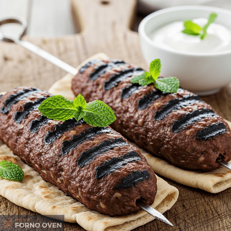 Duas kaftas grelhadas em espetos de madeira, uma receita de kafta suculenta feita na air fryer.