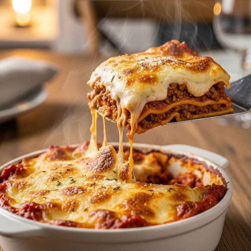 Lasanha à bolonhesa individual em uma travessa, com o queijo gratinado e borbulhante, receita rápida para air fryer oven.