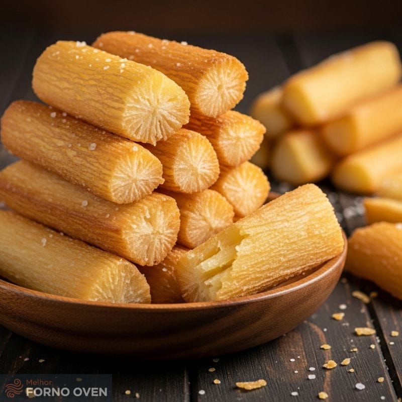 Palitos de mandioca frita com casca crocante e interior macio, receita de aipim crocante na air fryer.