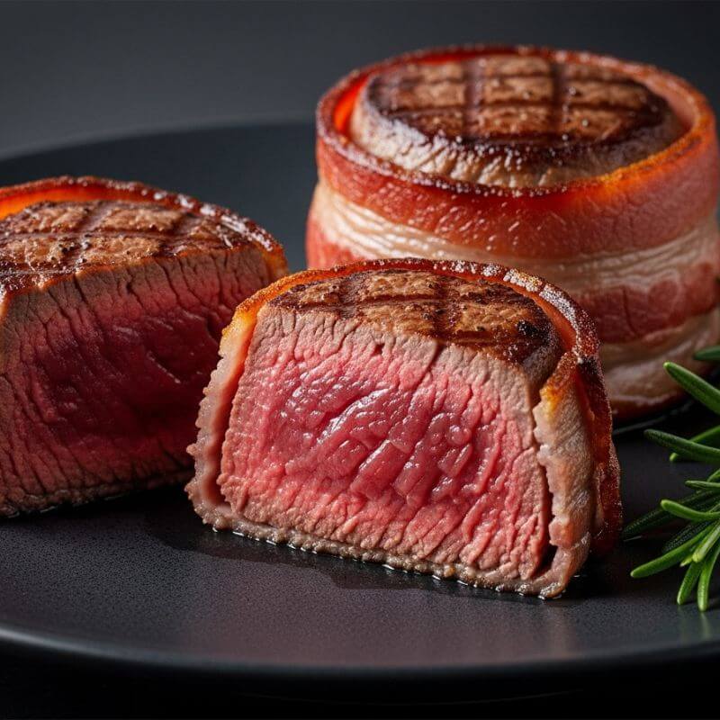 Medalhão de filé mignon envolto em bacon, fatiado para mostrar o interior rosado, receita de medalhão na air fryer.
19. Pizza Caseira de Massa Fina