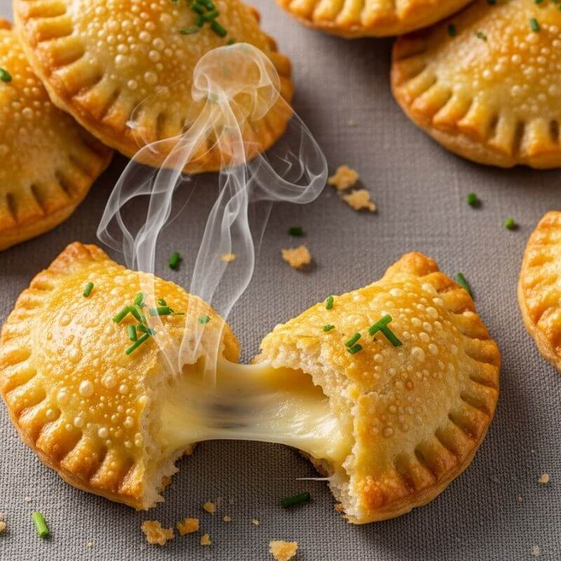 Mini pastéis de queijo estufados e dourados, com um mordido mostrando o queijo derretido, receita de pastel na air fryer.