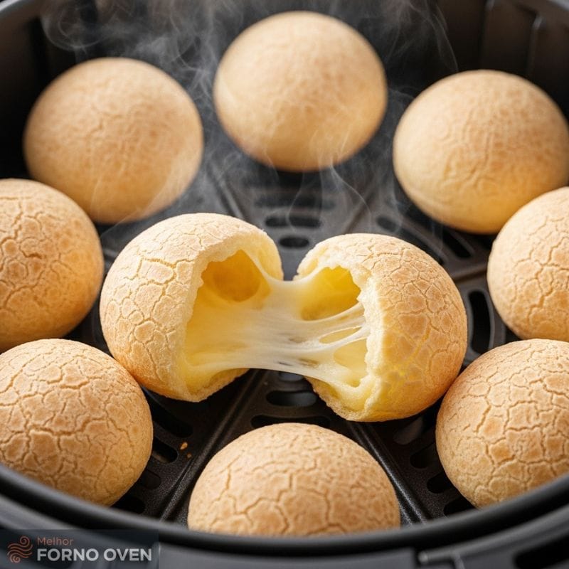 Vários pães de queijo dourados na cesta da air fryer, com um partido ao meio mostrando o queijo derretido, receita de pão de queijo na air fryer.