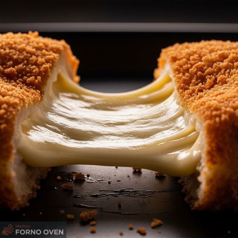 Fatia de provolone à milanesa sendo partida com o queijo derretido esticando, receita de provolone na air fryer.