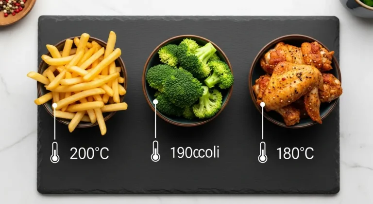 Infográfico visual com a temperatura ideal da air fryer oven para diferentes alimentos, incluindo batatas fritas a 200°C, brócolis a 190°C e asas de frango a 180°C.