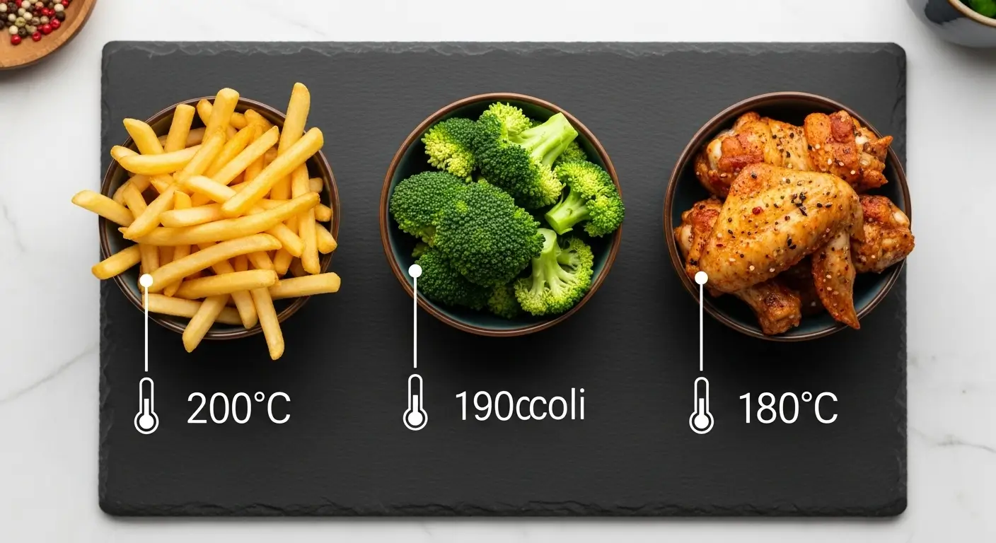Infográfico visual com a temperatura ideal da air fryer oven para diferentes alimentos, incluindo batatas fritas a 200°C, brócolis a 190°C e asas de frango a 180°C.