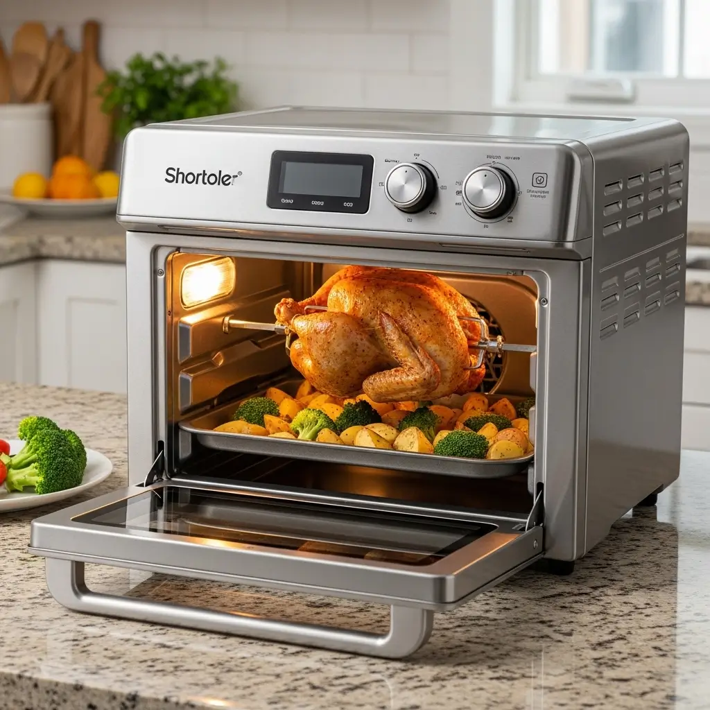 Imagem mostrando as vantagens de uma air fryer oven: um frango assando no espeto giratório e legumes na grelha de baixo, tudo visível pela porta de vidro, demonstrando sua grande capacidade.