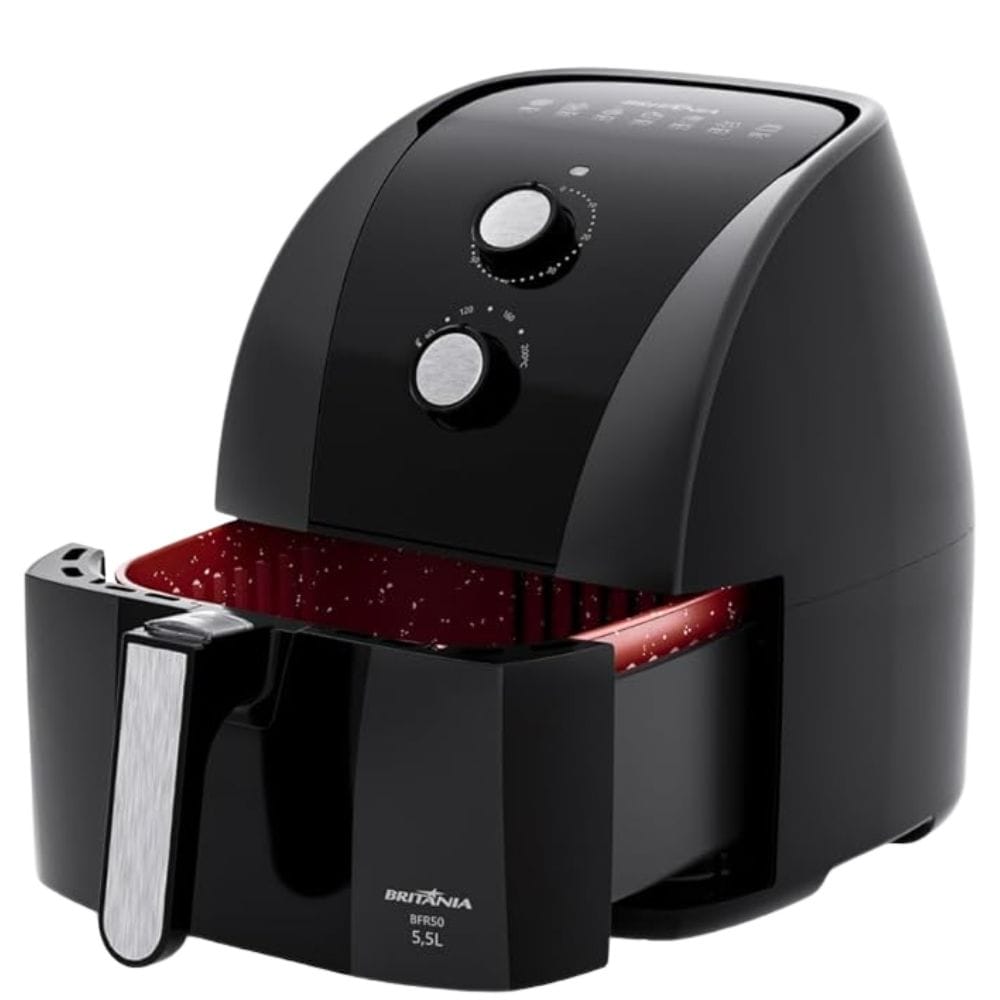 Air Fryer Britânia BFR50 Redstone na cor preta, com o cesto de 5,5 litros aberto mostrando o revestimento interno vermelho pontilhado.