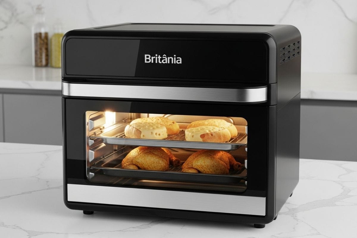 Imagem de capa do artigo "Air Fryer Britânia é Boa?", mostrando um modelo de Air Fryer Oven da Britânia em uma cozinha moderna, com o logo da marca em destaque.