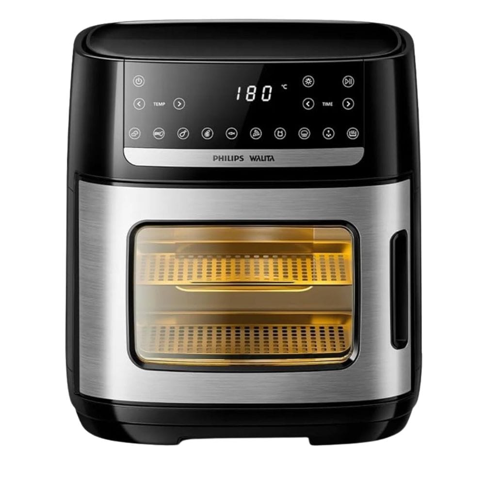 Vista frontal da Air Fryer Forno Philips Walita Série 5000 AI551, com seu acabamento em inox, painel digital e interior iluminado com prateleiras.