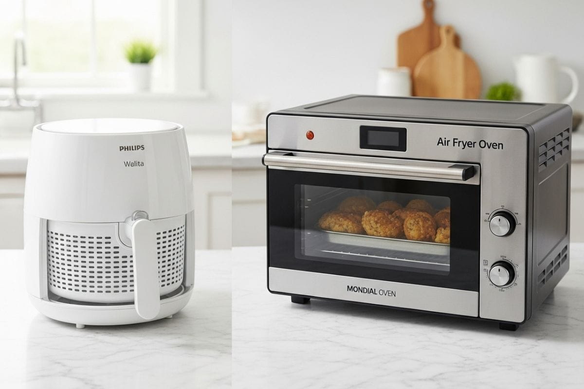 Comparativo visual mostrando as alternativas à air fryer oven branca: uma air fryer de cesto na cor branca de um lado e uma air fryer oven de inox do outro, sobre uma bancada de cozinha.
