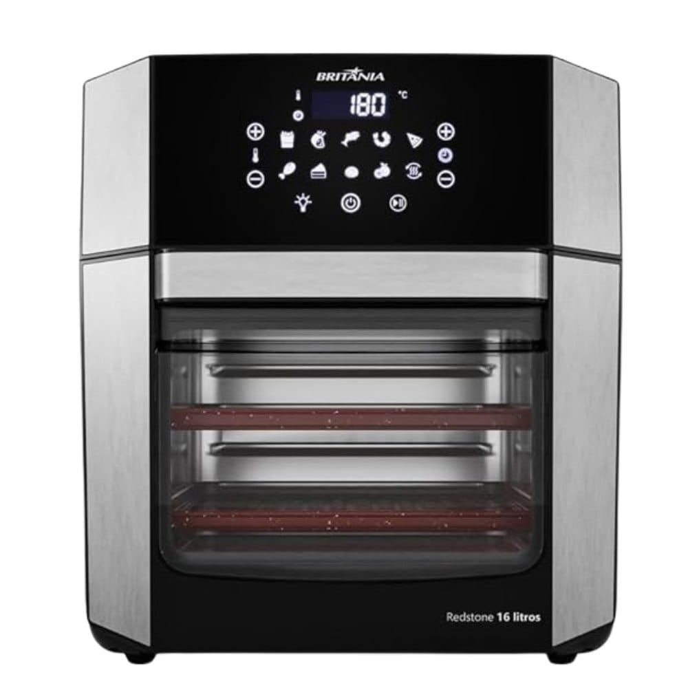A Air Fryer Oven Britânia BAF16A de 16 litros, um dos melhores modelos da marca, com acabamento em inox e painel digital aceso.