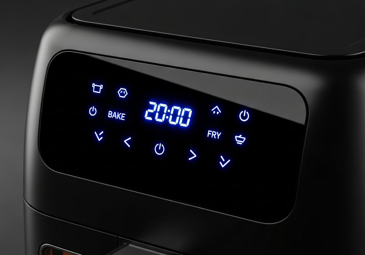 Close-up do painel de controle de uma air fryer oven digital, com a tela de LED acesa mostrando a temperatura e os ícones das funções pré-programadas.