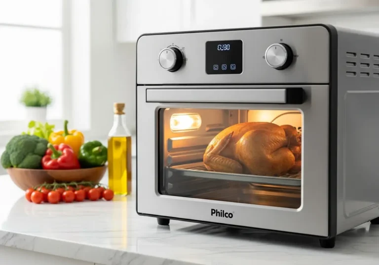Foto da Air Fryer Oven Philco PFR2200P em inox sobre uma bancada de cozinha moderna, com um frango assado visível através da porta de vidro.